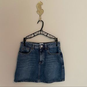Denim mini skirt dark to medium wash